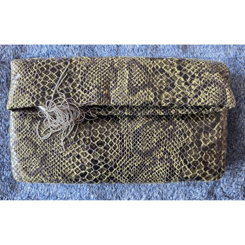Banana Republic Clutch Green Black Snake Print Handbag Evening Metal Tassel